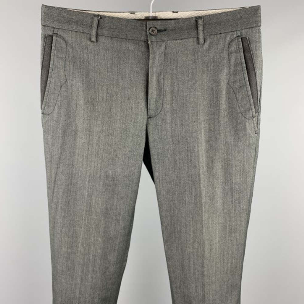 JOHN VARVATOS Size 30 Dark Gray Herringbone Cotton Blend Zip Fly Dress Pants - Picture 2 of 4